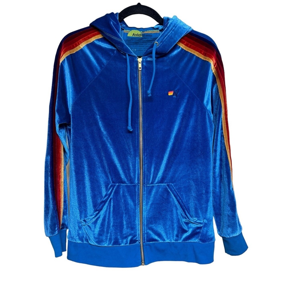 Aviator Nation Velvet Velour Vintage‎ Blue Rainbow Stripes Set Size Medium